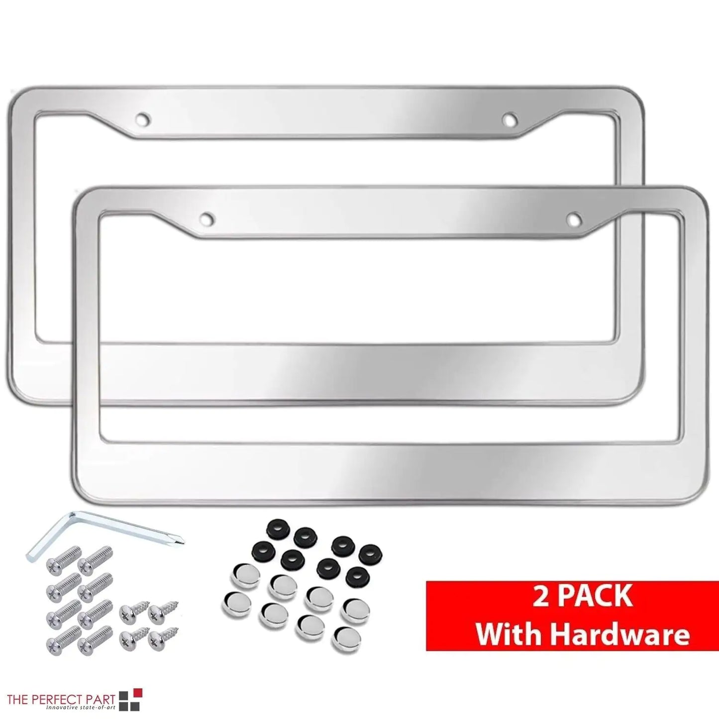 2PCS Chrome Stainless Steel Metal License Plate W/Frame Tag Cover & Screw Caps